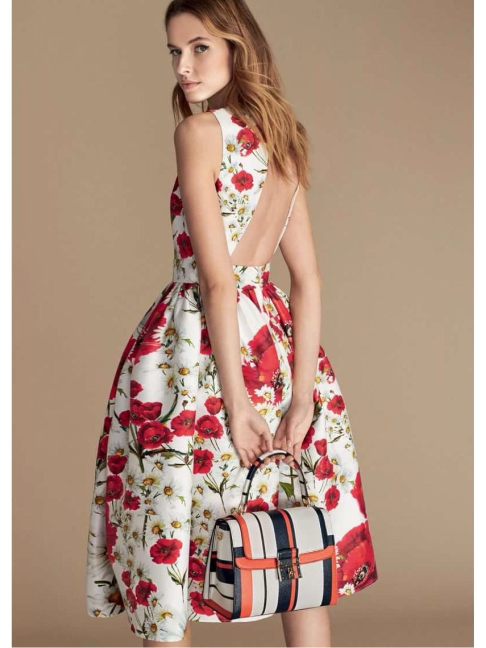 Dolce & Gabbana White Midi Dress with Red Floral Print and Open Back